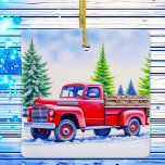 Ornamento De Cerâmica Red Truck Hauling Firewood Natal Personalizado<br><div class="desc">Caminhão vermelho com neve coberto de pinheiros no fundo em um dia de neve trazendo lenha para casa para um Enfeites de natal de férias tostado ao lado do fogo.</div>