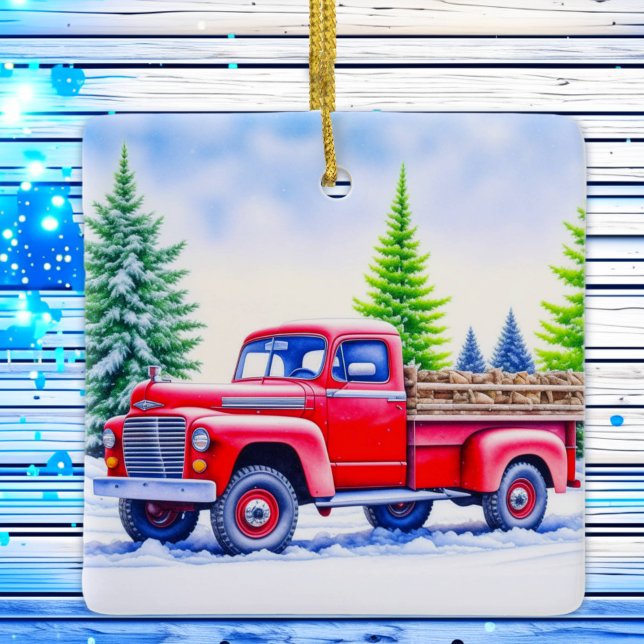 Ornamento De Cerâmica Red Truck Hauling Firewood Natal Personalizado (Criador carregado)