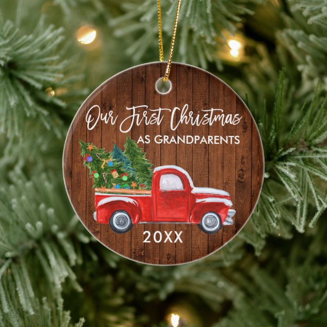 Ornamento De Cerâmica Red Truck Wood Primeiro Natal como Avós (Árvore)