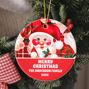 Ornamento De Cerâmica Red Vintage Santa Claus Tartan Xadrez Natal