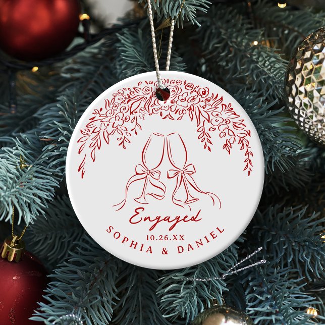 Ornamento De Cerâmica Red Whimsical Cheers Our First Christmas Engaged (Red Whimsical Cheers Our First Christmas Engaged Ceramic Ornament)