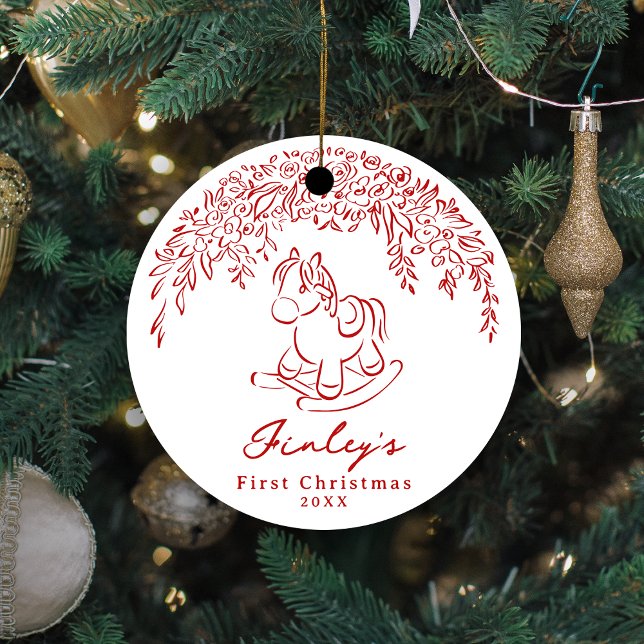 Ornamento De Cerâmica Red Whimsical rocking horse Baby's 1st Christmas (Red Whimsical rocking horse Baby's 1st Christmas Ceramic Ornament)