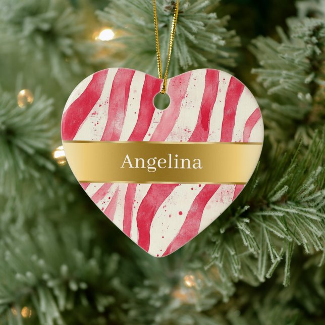 Ornamento De Cerâmica Red White Candy Cane Stripes Gold Ribbon Christmas (Árvore)