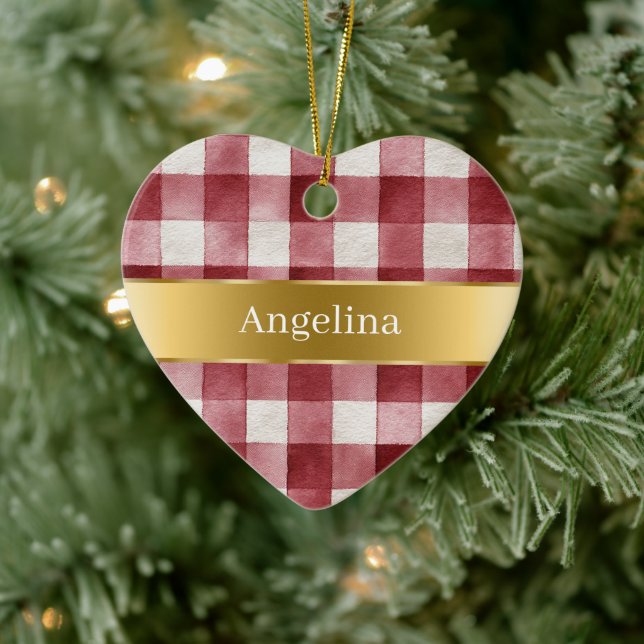 Ornamento De Cerâmica Red White Plaid Stripes Gold Ribbon Christmas (Árvore)