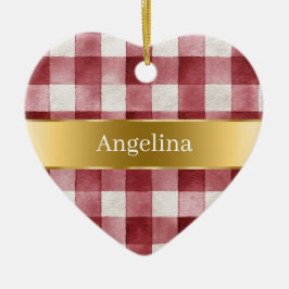 Ornamento De Cerâmica Red White Plaid Stripes Gold Ribbon Christmas