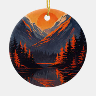 Ornamento De Cerâmica Reflexo do Pôr do Sol na Montanha com Céu Laranja