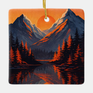 Ornamento De Cerâmica Reflexo do Pôr do Sol na Montanha com Céu Laranja