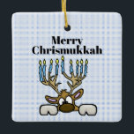 Ornamento De Cerâmica Reindeer Com Menorah Antlers Chrismukkah Ornament<br><div class="desc">Este ornamento apresenta minha rena judia cujas galhadas são Menorah. O texto neste ornamento é personalizável para ser adequado a você ou ao seu destinatário. Desenhado por Sheila Cicchi,  Brownielocks.com. Todos os Direitos Reservados. NOTA: devido ao estilo design,  isso só pode ser adquirido apenas em ornamentos SQUARE.</div>
