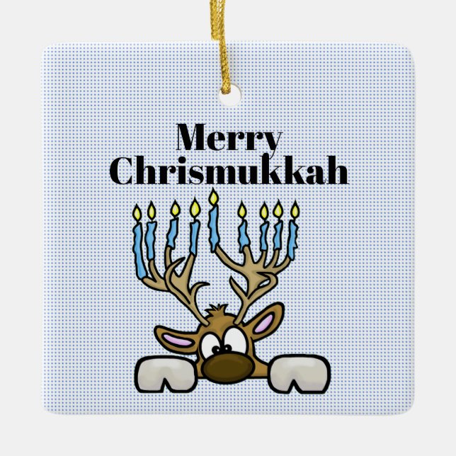 Ornamento De Cerâmica Reindeer Com Menorah Antlers Chrismukkah Ornament (Frente)