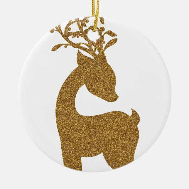 Ornamento De Cerâmica Reindeer de Natal Glitter Dourado (Frente)