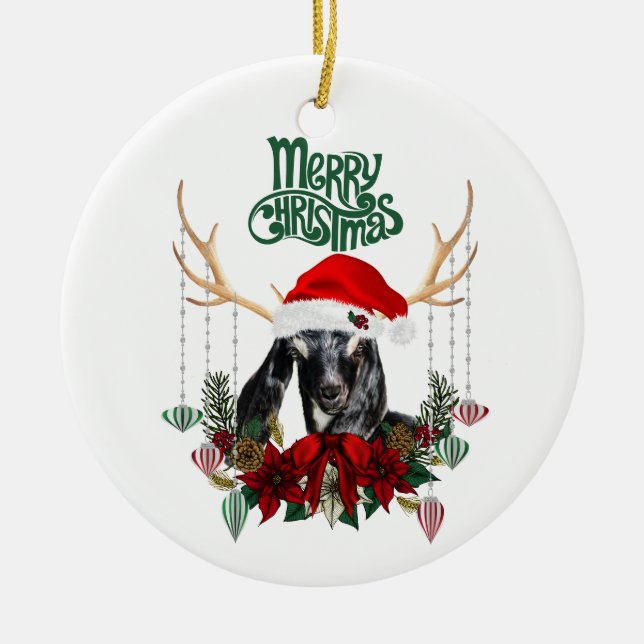 Ornamento De Cerâmica Reindeer de Natal Kid Goat com Wreath (Frente)