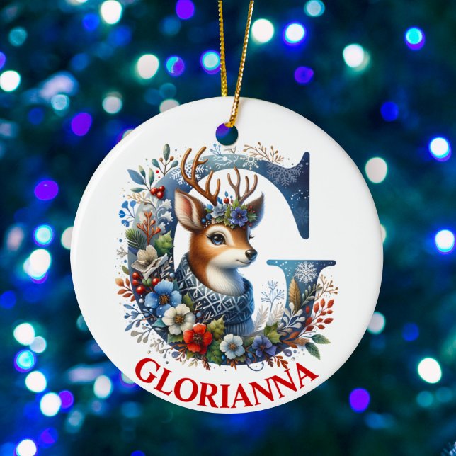 Ornamento De Cerâmica Reindeer de Natal Monograma - Letra G Nome Persona (Criador carregado)