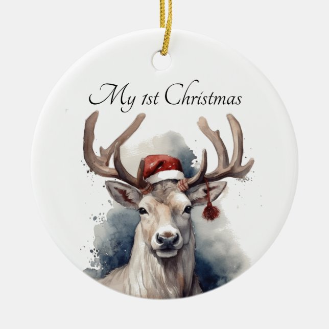 Ornamento De Cerâmica Reindeer de Natal, personalizável (Frente)