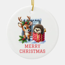 Ornamento De Cerâmica Reindeer e Hedgehog Christmas
