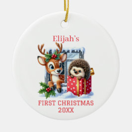 Ornamento De Cerâmica Reindeer e Hedgehog Christmas