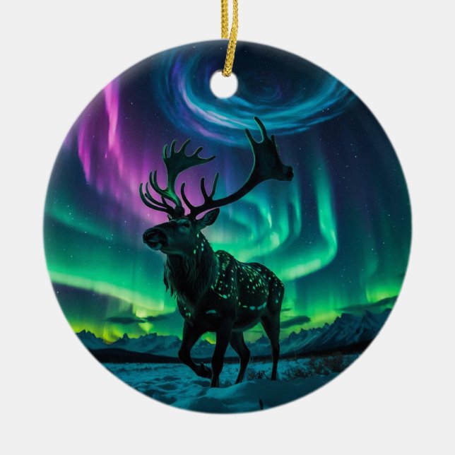 Ornamento De Cerâmica Reindeer e Norte Luzes Selvagens Design (Frente)