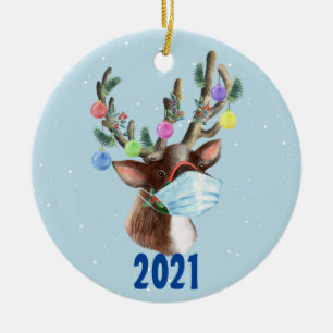 Ornamento De Cerâmica Reindeer Face Mask Pandemia Natal 2021