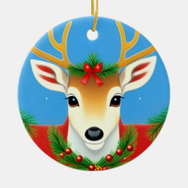 Ornamento De Cerâmica Reindeer Festivo com Foliday Wreath
