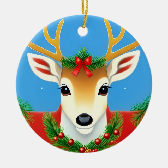 Ornamento De Cerâmica Reindeer Festivo com Foliday Wreath (Frente)
