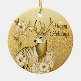 Ornamento De Cerâmica Reindeer Floral Dourado