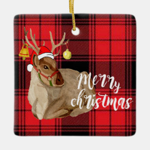 Ornamento De Cerâmica Reindeer Jingle Bell Xadrez Feliz Árvore de Natal