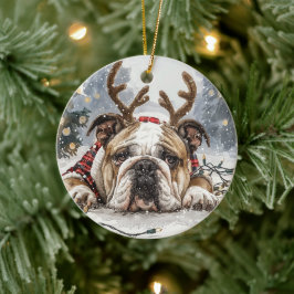 Ornamento De Cerâmica Reindeer para Bulldog em Inglês de Natal
