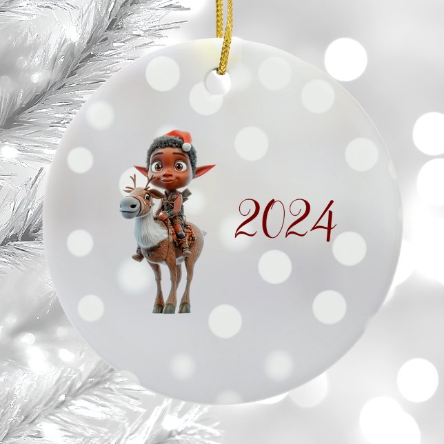 Ornamento De Cerâmica Reindeer Rider Christmas Elf Cerâmica Ornament (Criador carregado)