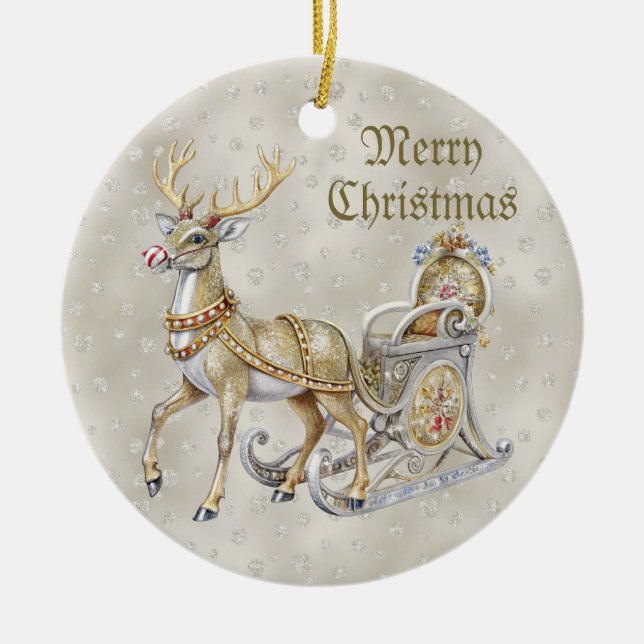 Ornamento De Cerâmica Reindeer Sleigh Natal Ornament (Frente)