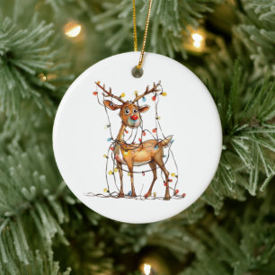 Ornamento De Cerâmica Reindeer Vermelho Branco Quirky com Luzes