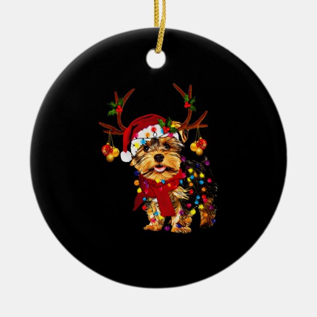 Ornamento De Cerâmica Reindeer Yorkie natalino (Frente)