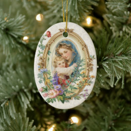 Ornamento De Cerâmica Religiosa Abençoada Mãe Maria e Jesus Floral