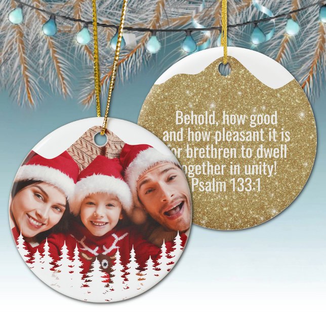Ornamento De Cerâmica Religious Christian Scripture Divine Passage ⛪️ 🎄 (Custom image God Gospel Psalm 133:1 Religious Holiday Ceramic Devotional Ornament golden sparkle 🌲✞)