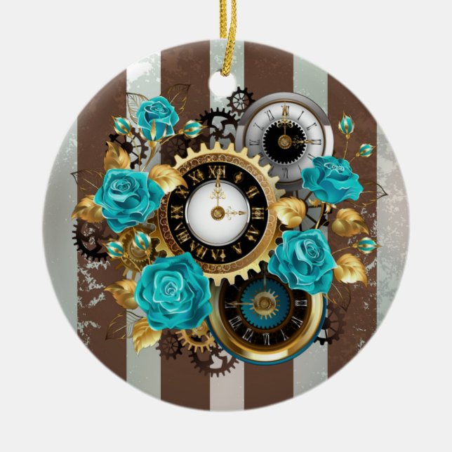 Ornamento De Cerâmica Relógio e Rosas de Turquesa em Striping (Frente)