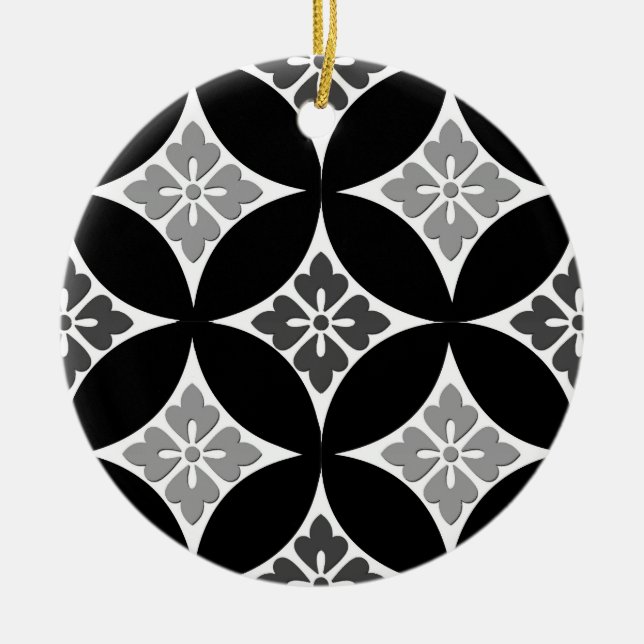 Ornamento De Cerâmica Remessa com Motif Flor, Preto, Branco e Cinza (Frente)