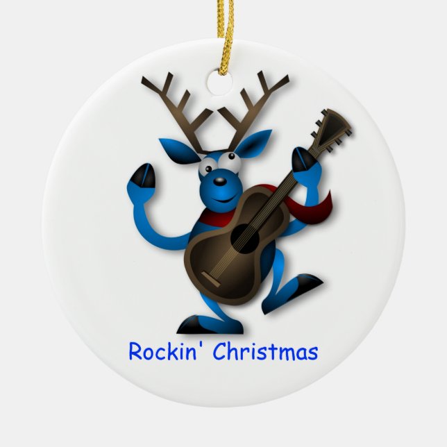 Ornamento De Cerâmica Rena da dança com Natal de Rockin da guitarra (Frente)