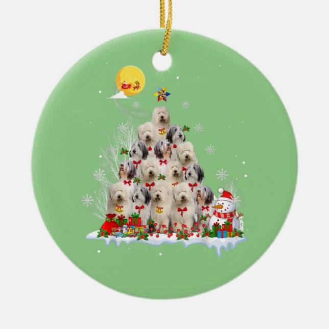 Ornamento De Cerâmica Rena de Cachorro de Ovelha Inglês Pine Natal (Frente)