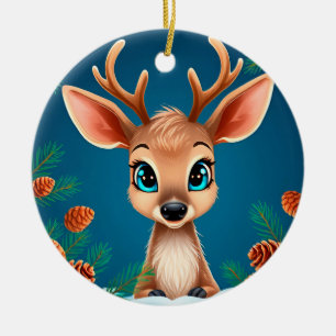 Ornamento De Cerâmica Rena de desenho animado fofa no inverno com pinhas