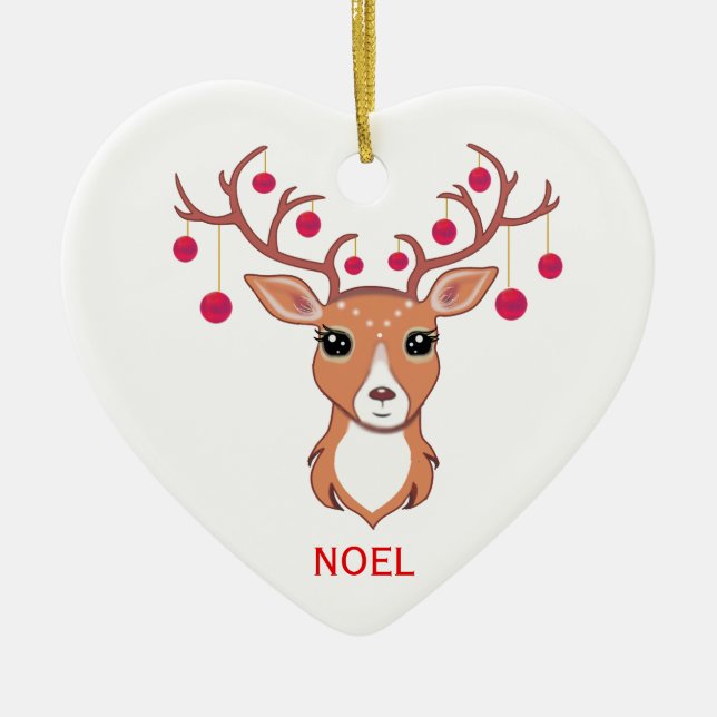 Ornamento De Cerâmica Rena de Natal com bolas vermelhas (Frente)