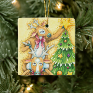 Ornamento De Cerâmica Rena de Natal Fofa Com Estrela de Árvore de Natal