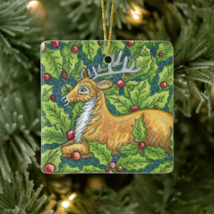 Ornamento De Cerâmica Rena de Natal Fofo na Floresta com Azevinho
