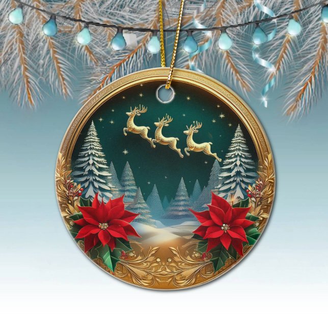 Ornamento De Cerâmica Rena Dourada Elegante, Poinsettias, Deer 🦌 (Golden Flying Reindeer, Deer Antlers, Trees, Moon, Snowy Night Winter Scene Ornament Front/Back 🦌🎄)