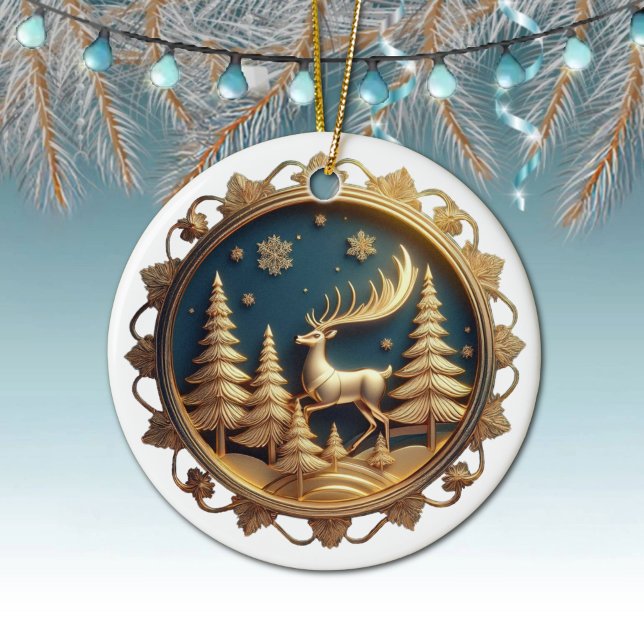 Ornamento De Cerâmica Rena Dourada Elegante, Veado, Flocos de Neve de Na (Round ceramic reindeer ornament with elegant gold colored frame, Festive Golden deer decor. 🦌🎄)