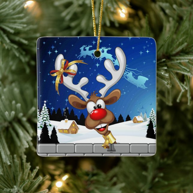 Ornamento De Cerâmica Rena Fofa Espiando Meme de Natal (Árvore)