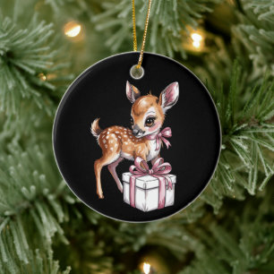 Ornamento De Cerâmica Rena Velha Renas Rosa Natal Bebê Veado