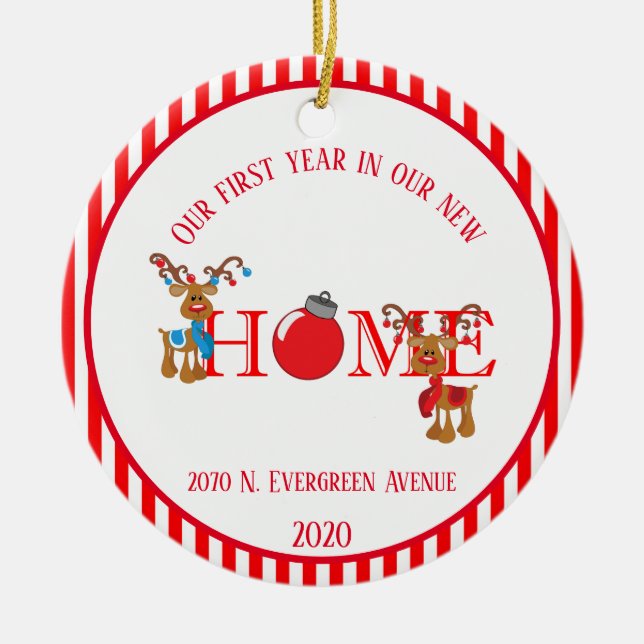 Ornamento De Cerâmica Renas do Primeiro Ano da Nova Casa (Frente)