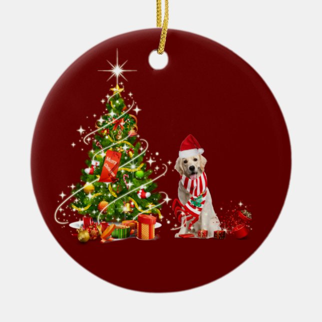 Ornamento De Cerâmica Retalhista de ouro com Natal de Chapéu (Frente)