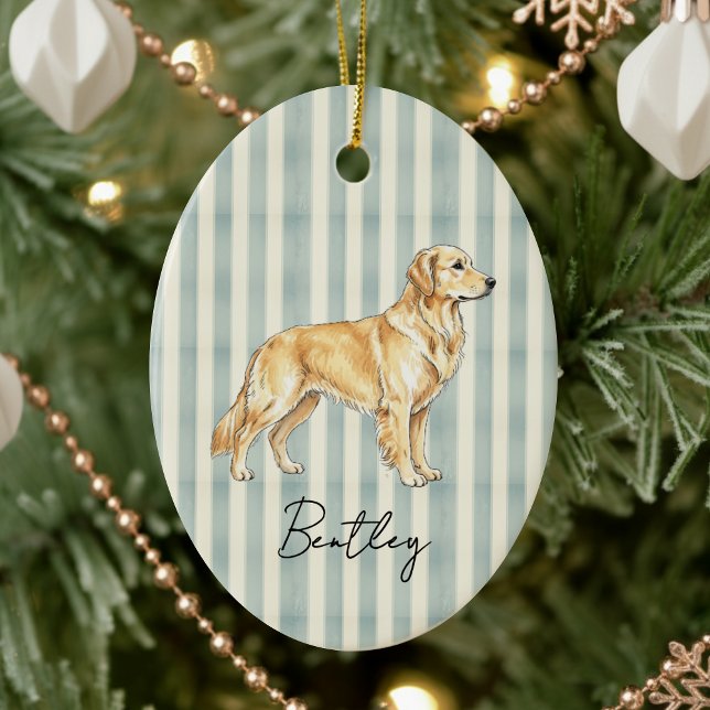 Ornamento De Cerâmica Retirador de Ouro Retrato Retrato Retrato Retratad (Celebrate the holidays with this timeless, vintage striped pet portrait! )