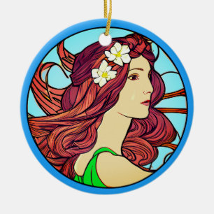Ornamento De Cerâmica Retrato Art Nouveau de uma Mulher com Cabelo Verme