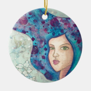 Ornamento De Cerâmica Retrato azul da menina. Cabelo longo. Pintura