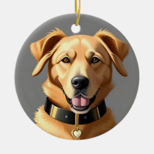 Ornamento De Cerâmica Retrato de Golden Retriever Usando Colar Preto